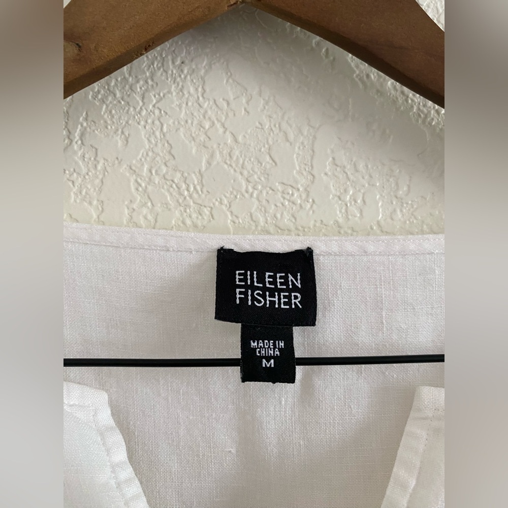 Eileen Fisher Linen Pullover Long Sleeve Top Blouse Split Neck Line Size M White - Picture 4 of 9